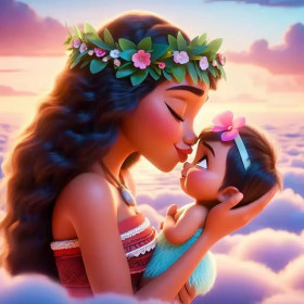 Malen nach Zahlen Vaiana hält ein Baby vor rosa Himmel