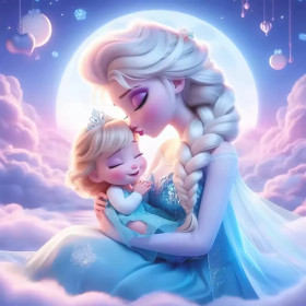 Malen nach Zahlen Elsa hält ein Baby vor einem rosa Vollmond