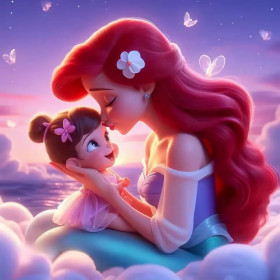 Malen nach Zahlen Arielle hält ihr Baby auf rosa Wolken