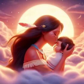 Malen nach Zahlen Pocahontas hält ein Baby vor einer untergehenden Sonne