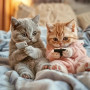 Malen nach Zahlen: Zwei Kätzchen mit Handy sitzen auf einem Bett