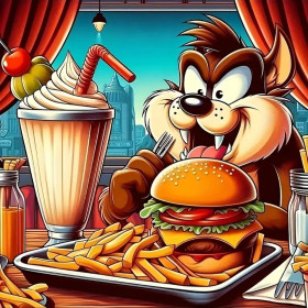 Malen nach Zahlen Taz im amerikanischen Diner mit Burger und Pommes