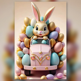 Malen nach Zahlen: Osterhase fährt einen rosa Transporter voller Eier