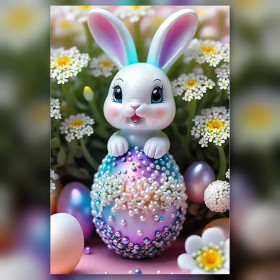 Malen nach Zahlen: Weißer Osterhase mit Perlenei und Gänseblümchen
