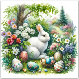Malen nach Zahlen: Weißer Hase und Ostereier in einem blühenden Garten