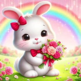 Malen nach Zahlen: Weißer Hase mit Rosenstrauß und Regenbogen