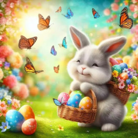 Malen nach Zahlen: Osterhase auf einer Lichtung mit Körben und Schmetterlingen