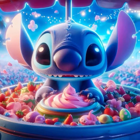 Malen nach Zahlen: Stitch vor einem rosa Eisbecher mit Erdbeeren