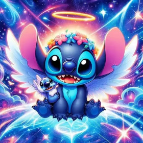 Malen nach Zahlen: Stitch als Engel mit weißen Flügeln und Heiligenschein im Weltraum