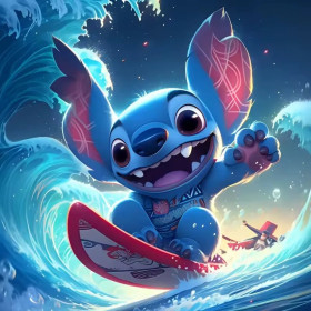 Malen nach Zahlen: Stitch steht auf einem Surfbrett in einer Welle