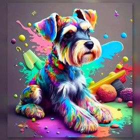 Malen nach Zahlen: Mehrfarbiger Schnauzer im Pop-Art-Stil auf grauem Hintergrund