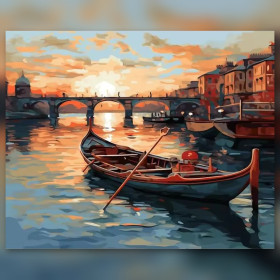 Malen nach Zahlen: Boot auf einem Kanal in Venedig bei Sonnenuntergang