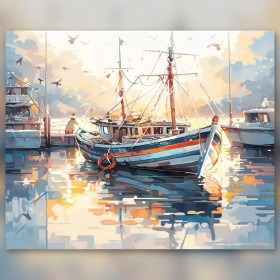 Malen nach Zahlen: Fischkutter im Hafen bei Sonnenuntergang