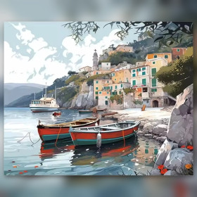 Malen nach Zahlen: Italienisches Dorf mit festgemachten Booten im Hafen
