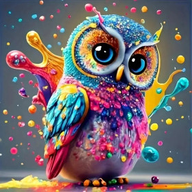 Malen nach Zahlen: mehrfarbige Pop-Art-Eule mit blauen, rosa und gelben Farbspritzern