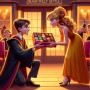 Malen nach Zahlen: Harry Potter kniet und überreicht einer Prinzessin Pralinen