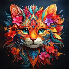 Malen nach Zahlen: Pop-Art-Katzenkopf mit Blumen auf schwarzem Hintergrund