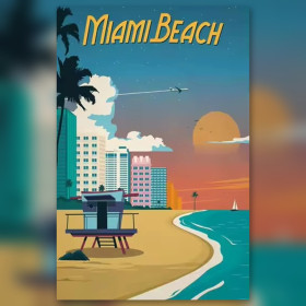 Malen nach Zahlen: Vintage-Poster Miami Beach mit Palmen und Ozean