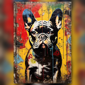 Malen nach Zahlen Französische Bulldogge im Pop-Art-Stil vor einer bunten Stadtmauer