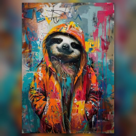 Malen nach Zahlen Faultier im Kapuzenpullover vor einer Graffiti-Wand