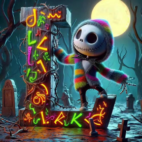 Malen nach Zahlen Jack Skellington im Neon-Pullover auf einem Friedhof
