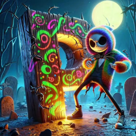 Malen nach Zahlen Jack Skellington in Regenbogenjacke auf einem Friedhof