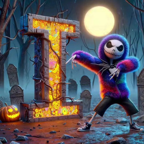 Malen nach Zahlen tanzender Jack Skellington auf einem Friedhof unter dem Vollmond