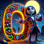 Malen nach Zahlen Jack Skellington in buntem Mantel vor einer Neon-Null