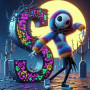 Malen nach Zahlen Jack Skellington vor einem Neon-Buchstaben S auf einem Friedhof