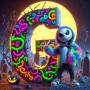 Malen nach Zahlen Jack Skellington in Neon-Jacke auf einem Friedhof bei Nacht