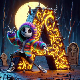 Malen nach Zahlen Jack Skellington im bunten Pullover auf einem Friedhof bei Nacht