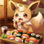 Malen nach Zahlen Evoli isst Sushi in einem japanischen Restaurant