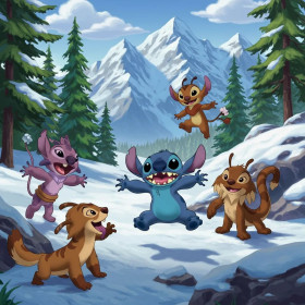 Malen nach Zahlen Stitch im Schnee in den Bergen mit Tannen