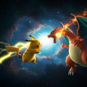 Malen nach Zahlen Weltraumkampf zwischen Pikachu und Glurak mit Blitzen und Flammen