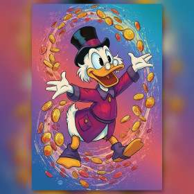 Malen nach Zahlen lächelnder Dagobert Duck umgeben von einem Wirbel aus goldenen Münzen