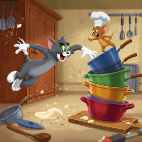 Malen nach Zahlen Tom und Jerry werfen in einer rustikalen Küche Töpfe um