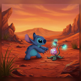 Malen nach Zahlen Stitch betrachtet eine leuchtende Pflanze in einer ockerfarbenen Wüste