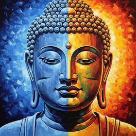 Malen nach Zahlen stilisiertes zweifarbiges Buddha-Gesicht in Blau und Orange