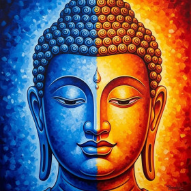 Malen nach Zahlen stilisiertes zweifarbiges Buddha-Gesicht in Blau und Orange