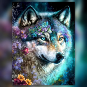 Malen nach Zahlen Wolf und Blumen mit weißem Fell und blauen Augen