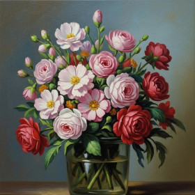 Malen nach Zahlen Strauß aus Rosen und Cosmea in einer durchsichtigen Vase