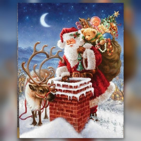 Malen nach Zahlen Weihnachtsmann und Rentier auf einem verschneiten Dach