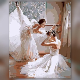Malen nach Zahlen zwei Ballerinas im weißen Tutu in einem Tanzstudio