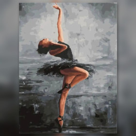 Malen nach Zahlen Ballerina im schwarzen Tutu mit erhobenem Arm, grauer Hintergrund