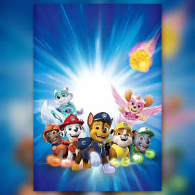 Malen nach Zahlen PAW Patrol Welpen als Superhelden unter einem blauen Lichtschein