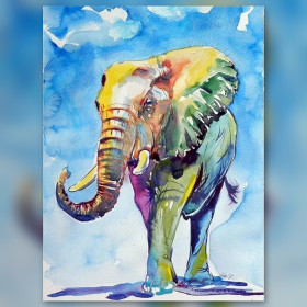 Malen nach Zahlen bunter afrikanischer Elefant in Aquarell auf blauem Hintergrund