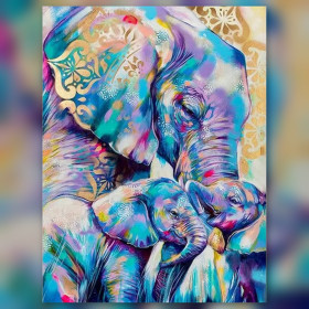 Malen nach Zahlen bunte Elefantenfamilie mit goldenen Mandala-Mustern