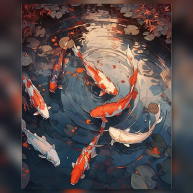 Malen nach Zahlen: zwei orange Koi-Karpfen im Teich