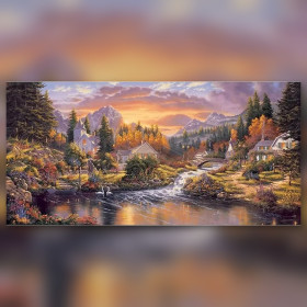 Malen nach Zahlen: Bergdorf mit Fluss, Steinbrücke und zwei Schwänen