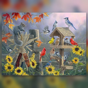 Malen nach Zahlen: graues Eichhörnchen und bunte Vögel an einem Futterhaus aus Holz